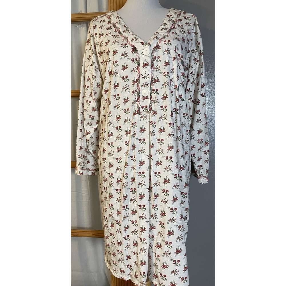 Vtg 80s Earth Angels Nightgown Dress Sz L White Red Cotton Floral Long Sleeve